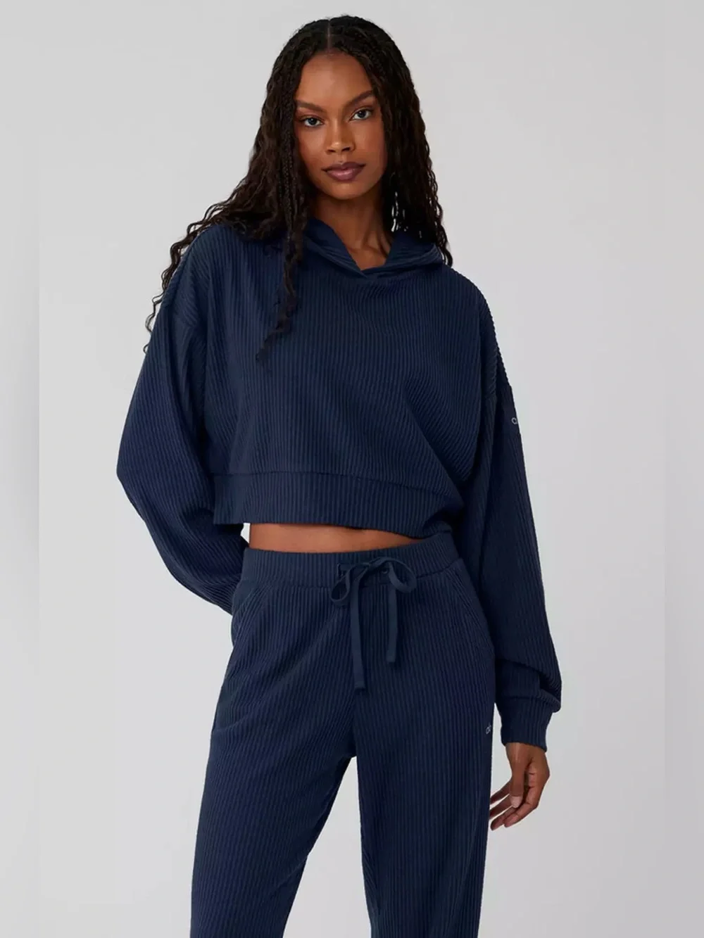Alo Yoga Muse Hoodie Blue Ribbed Women’s Size Large Cropped Pullover Lounge